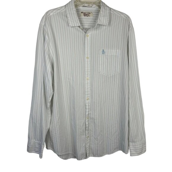 Original Penguin Heritage Slim Fit White Casual Button Up Blue Tan Stripe XL EUC - Picture 1 of 10